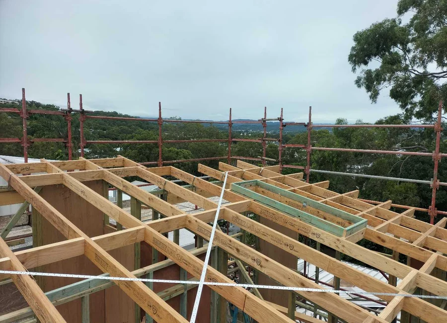 Timber roof framing under construction, a Seaforth Builders project on the Gold Coast