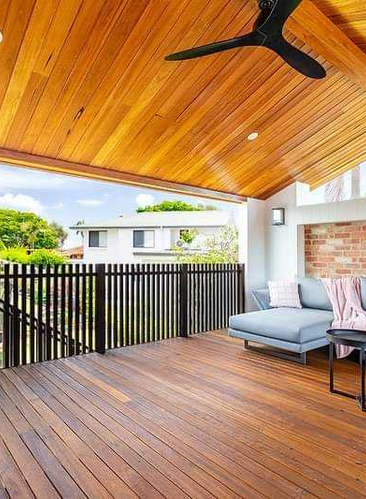 Covered timber deck with a timber-lined ceiling, a Seaforth Builders project on the Gold Coast